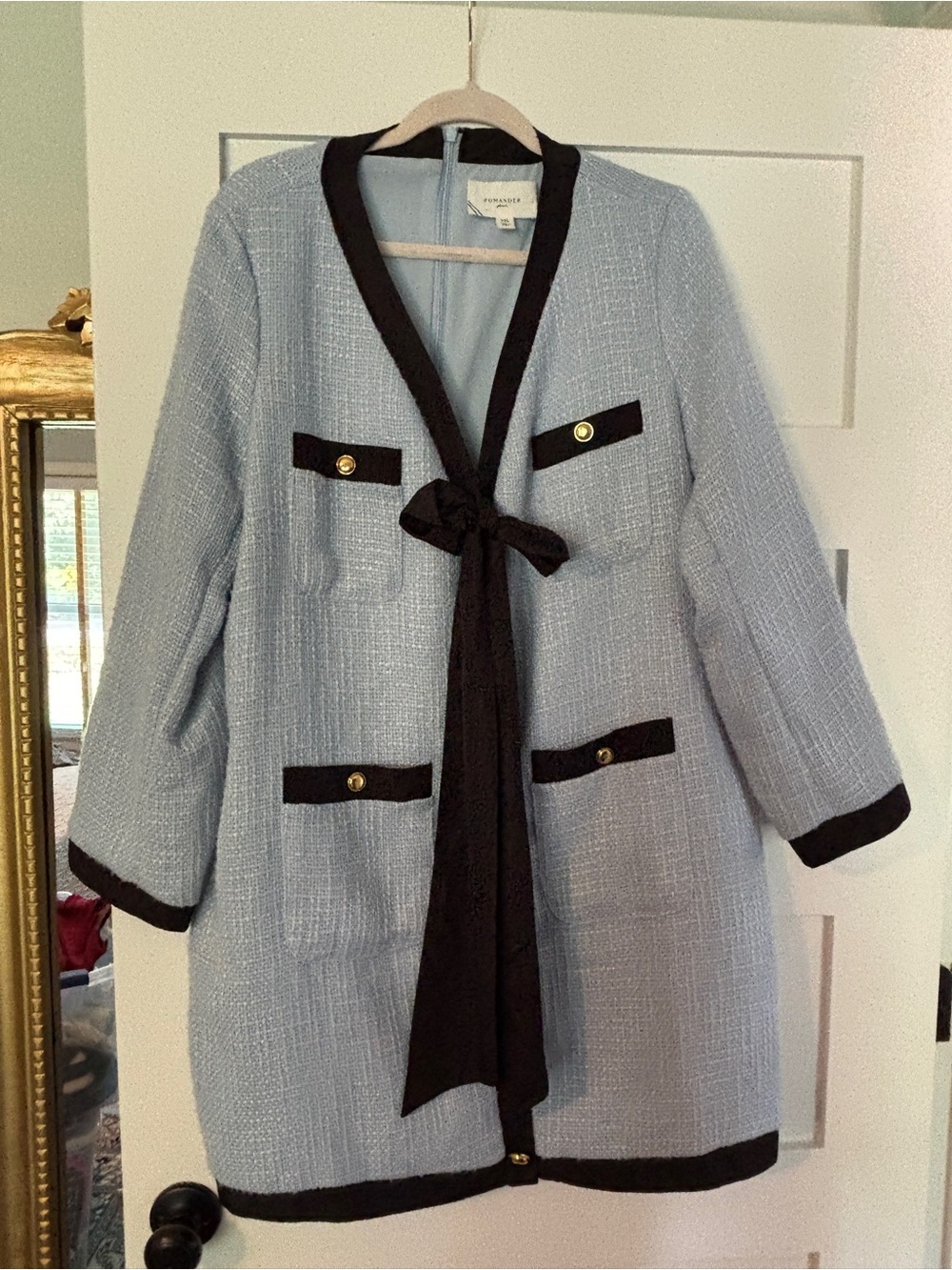 Pomander Place Light Blue Tweed Coat Dress with Black Trim and Bow